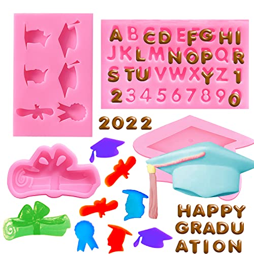 Doumeny 4Pcs Graduation Silicone Mold Set, Graduation Cap Baking Mold Diploma Graduate Fondant Mold Certificate Candy Mold Doctorial Hat Chocolate Mold Letters and Numbers Molds for Graduation Decor - Image 1