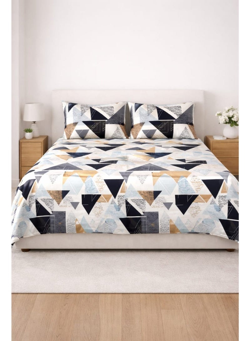 King Size Bedsheet, With 2 Pillow Covers, Modern Geometric Bedding Set, King Size 230x240 cm, Cotton Blend Bed Sheet with 2 Pillowcases, Navy Blue Tan White Triangle Pattern. Anti-Allergic Fabric. - Image 1