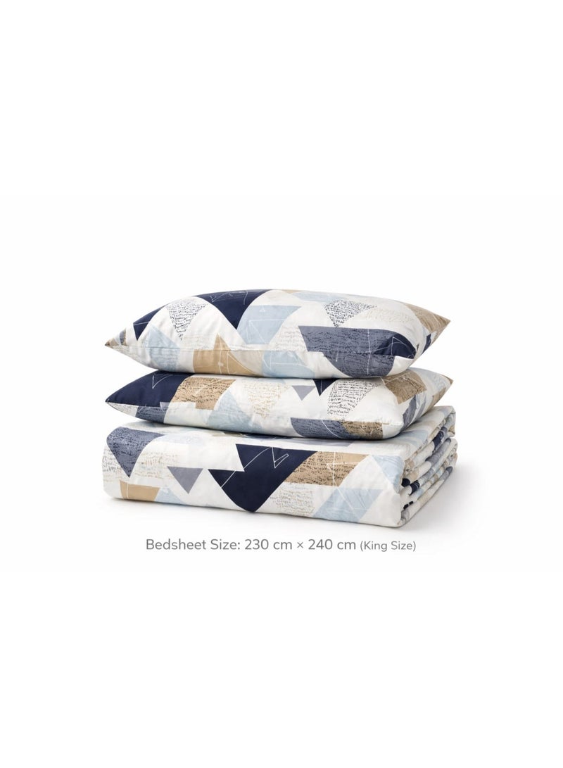 King Size Bedsheet, With 2 Pillow Covers, Modern Geometric Bedding Set, King Size 230x240 cm, Cotton Blend Bed Sheet with 2 Pillowcases, Navy Blue Tan White Triangle Pattern. Anti-Allergic Fabric. - Image 4
