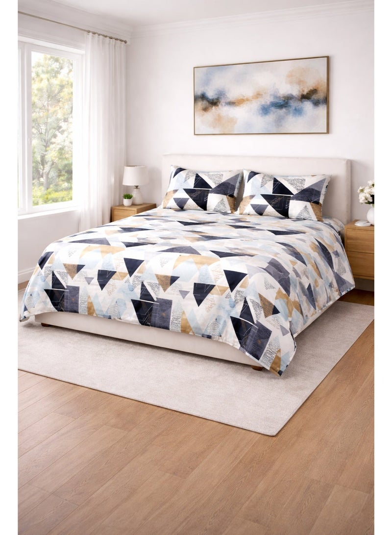 King Size Bedsheet, With 2 Pillow Covers, Modern Geometric Bedding Set, King Size 230x240 cm, Cotton Blend Bed Sheet with 2 Pillowcases, Navy Blue Tan White Triangle Pattern. Anti-Allergic Fabric.  King Size Bed Sheet - Image 1