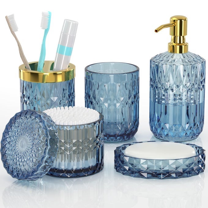 BLUE BATHROOM ACCESSORIES SET 5 PCS CLEAR GLASS BATHROOM ACCESSORIES WITH LOTION SOAP DISPENSER SOAP DISH TOOTHBRUSH HOLDER BATHROOM TUMBLER COTTON SWAB JARS PERFECT FOR BATHROOM THEME GIFT