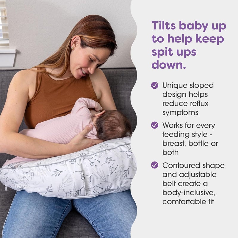 Boppy Uplift Nursing Pillow  Wedge Bottle  Breastfeeding Pillow to Reduce SpitUp and Reflux Symptoms with BodyInclusive Opening and Belt Baby Safety Alliance Verified  Gray Gentle Leaves - Image 2