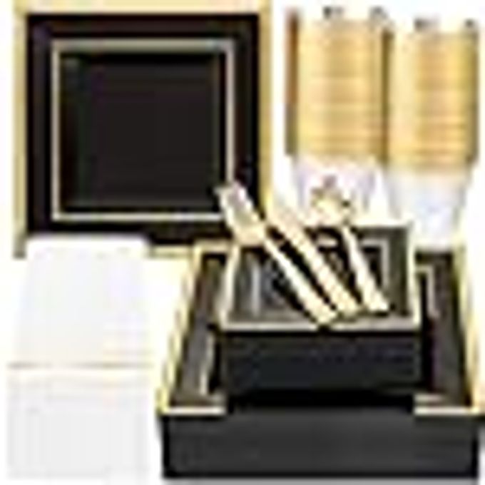 350PCS BLACK AND GOLD PLASTIC PLATES50GUESTS DISPOSABLE SQUARE BLACK DINNERWARE SET INCLUDE 100 PLASTIC PLATES50CUPS150PLASTIC CUTLERY50NAPKINS FOR PARTY WEDDINGNEW YEAR