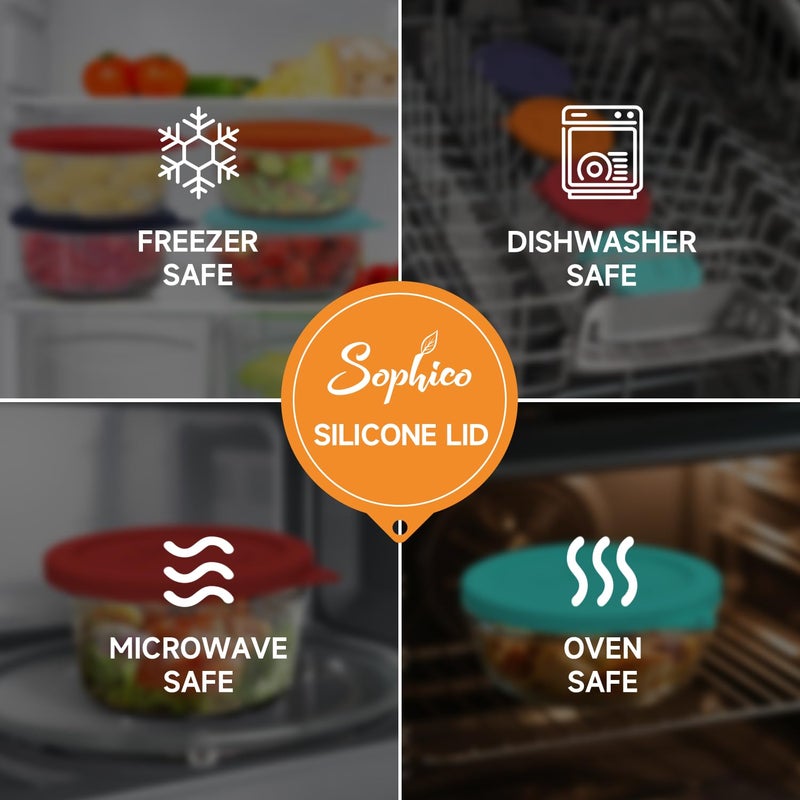 SOPHICO أغطية غطاء تخزين سيليكون دائرية من Sophico Sophico بديلة لمرساة Hocking وPyrex 7402-Pc 6/7 أكواب زجاجية (الحاوية غير متضمنة) (4 عبوات باللون الأحمر والبرتقالي) - Image 5