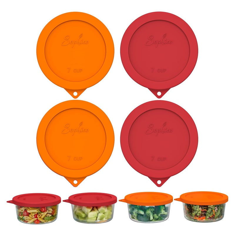 SOPHICO أغطية غطاء تخزين سيليكون دائرية من Sophico Sophico بديلة لمرساة Hocking وPyrex 7402-Pc 6/7 أكواب زجاجية (الحاوية غير متضمنة) (4 عبوات باللون الأحمر والبرتقالي) - Image 1