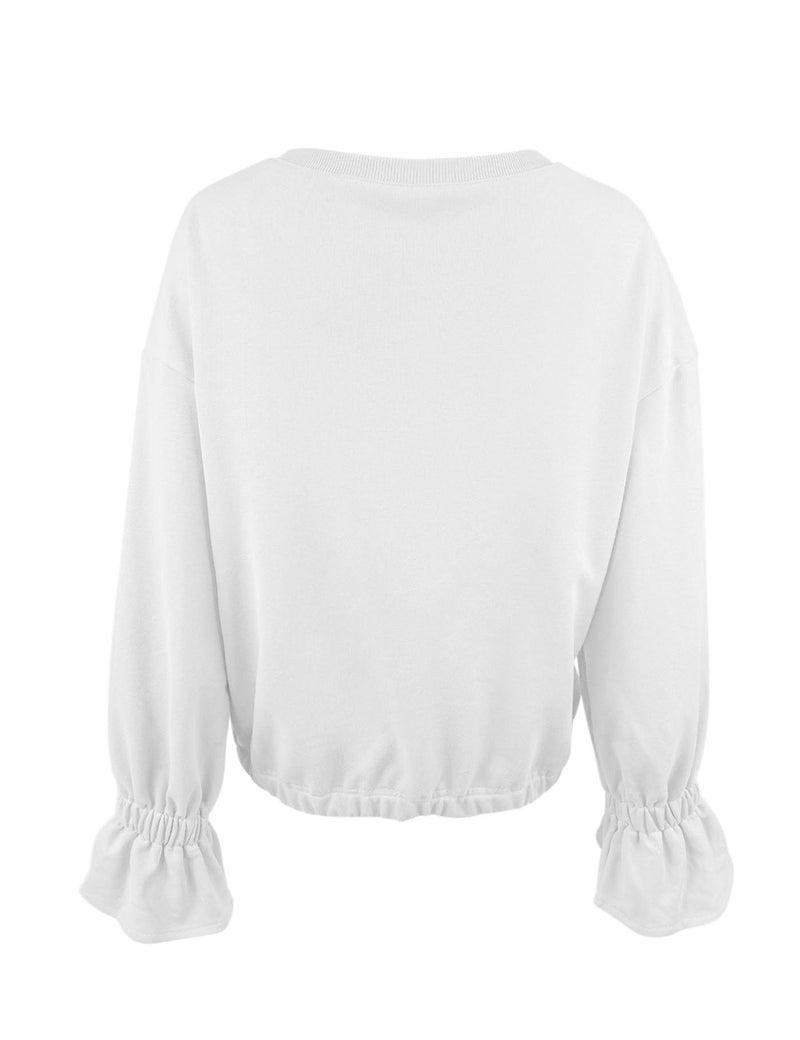 PRETTODAY Women's Casual Crew Neck Sweatshirt Long Sleeve Ruched Solid Loose Fitting Pullover Tops White - Image 3