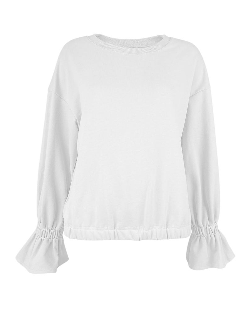 PRETTODAY Women's Casual Crew Neck Sweatshirt Long Sleeve Ruched Solid Loose Fitting Pullover Tops White - Image 2