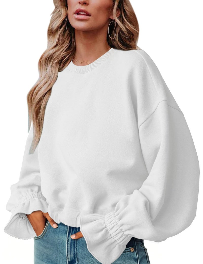 PRETTODAY Women's Casual Crew Neck Sweatshirt Long Sleeve Ruched Solid Loose Fitting Pullover Tops White - Image 1