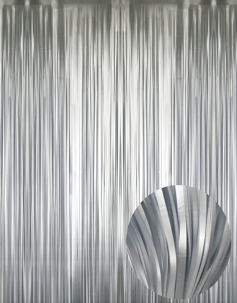 GOER 32 ft x 98 ft Metallic Tinsel Foil Fringe Curtains Party Photo Backdrop Party Streamers for BirthdayGraduationNew Year Eve Decorations Wedding Decor 1 PackMatte SilverThick Material