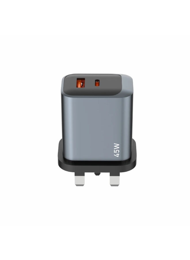يونيكس شاحن سريع يونكس UX-243 بقوة 45W مع PD وQC 3.0 | شاحن حائطي مزدوج المنفذ USB-C + USB-A | محول شحن ذكي وآمن للهواتف الذكية والأجهزة اللوحية | أسود - Image 1