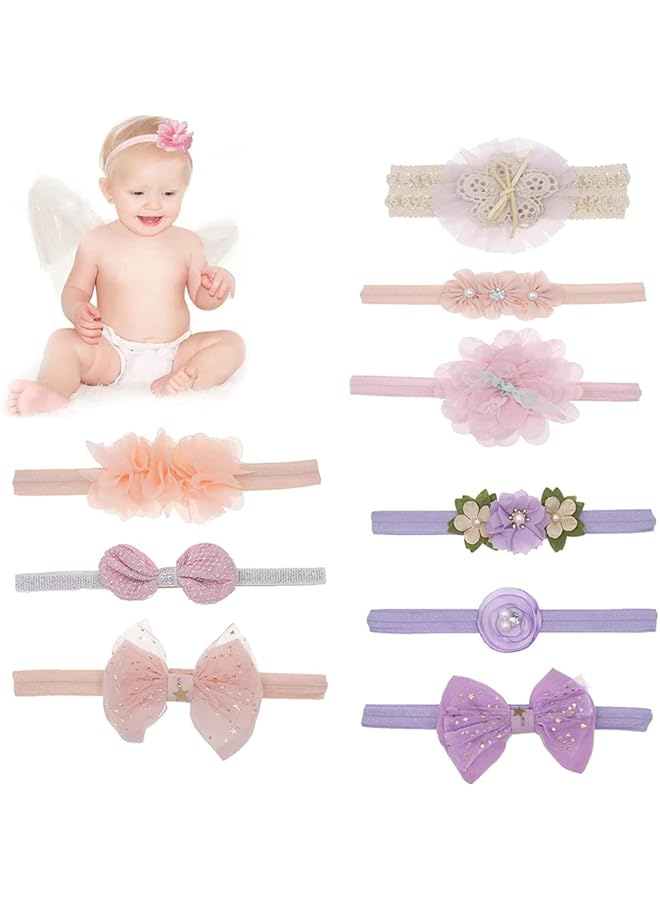 KASTWAVE 9 Pack Baby Girl Headbands Soft Stretchy Grosgrain Ribbon & Faux Leather Bowknot Turban Headbands With Stars For Newborns - Image 1