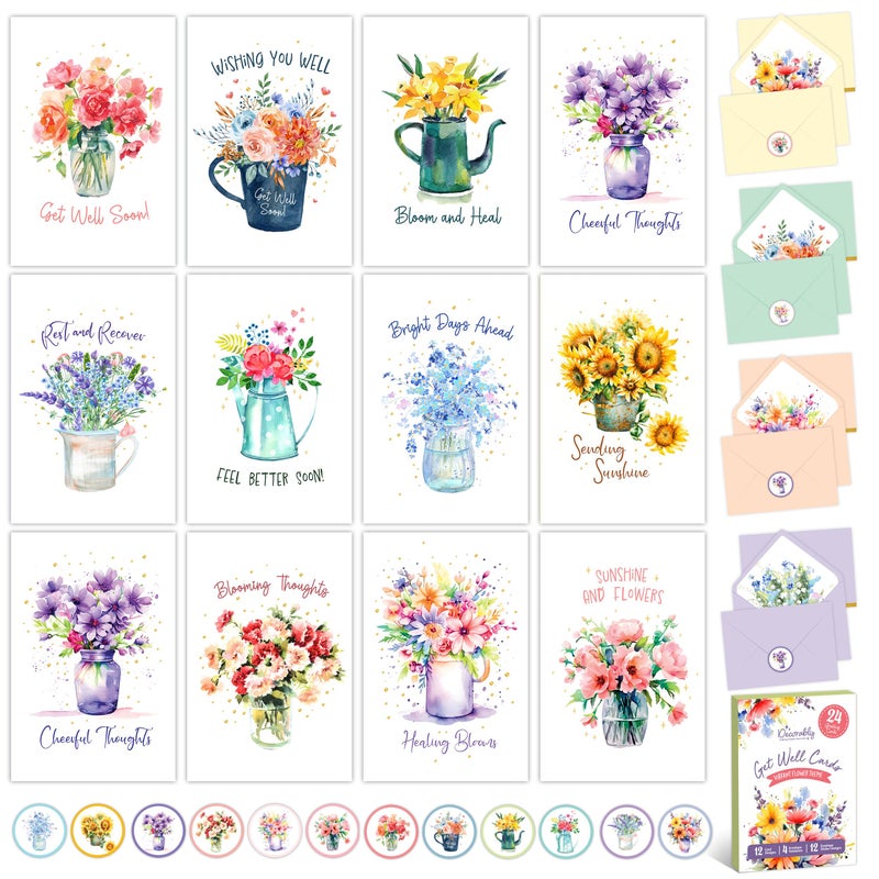 Decorably 24 Pack Gold Foiled 4x6in Floral Get Well Cards Assortment Box with Envelopes and Stickers, 12 Floral Designs for Friends, Family and Loved Ones, with Printed Message Inside - Image 1