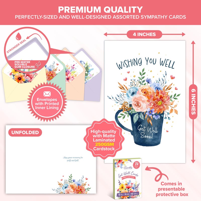 Decorably 24 Pack Gold Foiled 4x6in Floral Get Well Cards Assortment Box with Envelopes and Stickers, 12 Floral Designs for Friends, Family and Loved Ones, with Printed Message Inside - Image 3