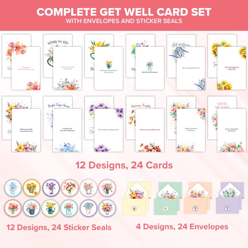 Decorably 24 Pack Gold Foiled 4x6in Floral Get Well Cards Assortment Box with Envelopes and Stickers, 12 Floral Designs for Friends, Family and Loved Ones, with Printed Message Inside - Image 2