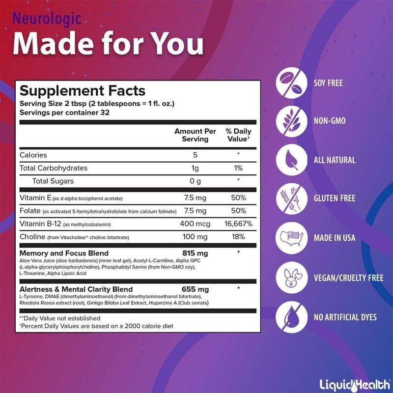 LIQUIDHEALTH مكمل LIQUIDHEALTH للتركيز العصبي معزز الدماغ مكمل نوتروبيك لوظائف الإدراك الذاكرة التركيز مع الجنكو بيلوبا كولين إل-ثيانين فوسفاتيديل سيرين مصنوع في الولايات المتحدة 32 أونصة - Image 5