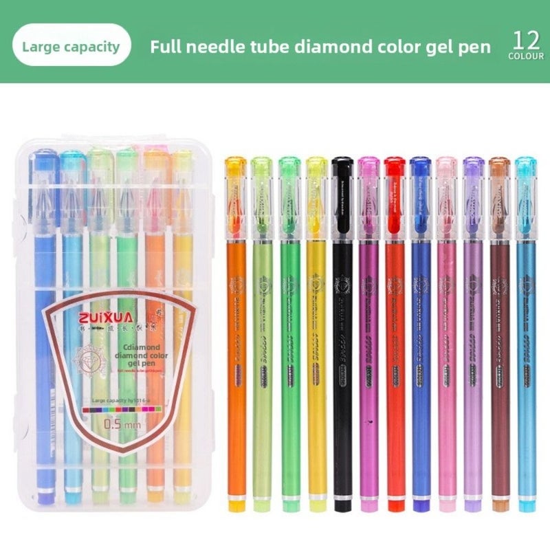 Boxed 12 Colors 0.5mm Diamond Tipped Gel Pens Set For Student Marking Journaling - Image 1