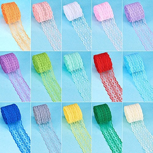 BENECREAT 15 Rolls 165 Yards Mixed Color Floral Pattern Fabric Lace Ribbon by the Roll for Wedding Invitation, Cards, Decorating, Sewing, Hair Bow Making, Gift Package Wrapping, 1-3/4 Inch Wide - Image 5