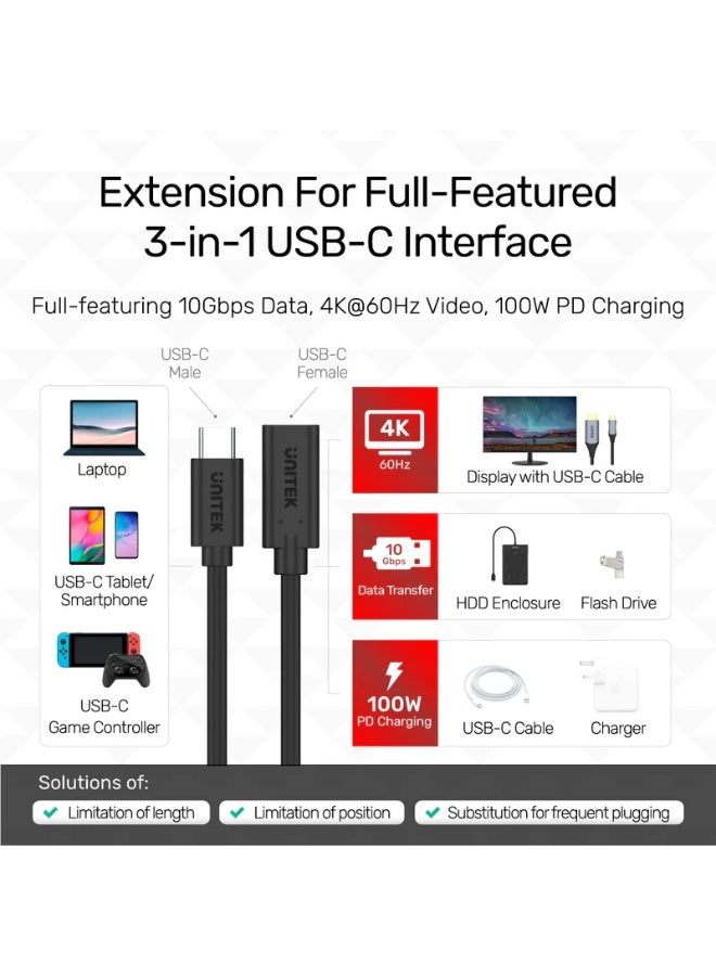 UNITEK UNITEK USB-C Extension Cable with Thunderbolt 3 Support, 100W PD Fast Charging & 4K@60Hz Video Output, USB-C Male to Female, Compatible with MacBook, iPad, USB-C Devices.( C14086BK) - Image 2