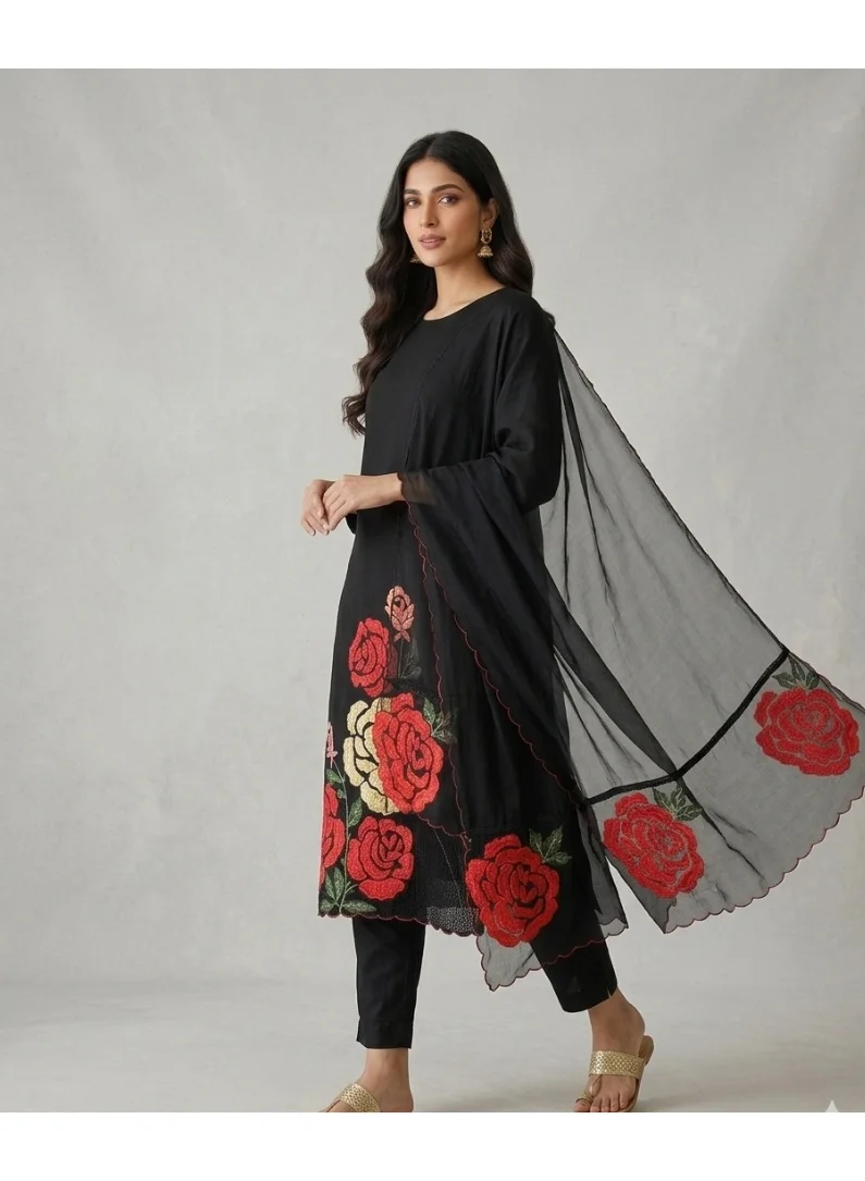 PRIYA’S PANACHE black Unstitched Black Roman Silk Salwar Suit Set for Women with Organza Dupatta | Pakistani Suit Salwar Kurta | Indian Dress for Ladies | Kurta Set Ladies Indian for Women | Best Price UAE