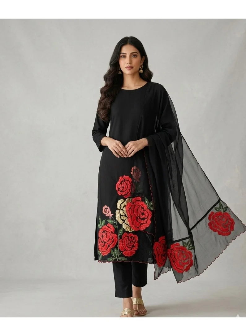 PRIYA’S PANACHE black Unstitched Black Roman Silk Salwar Suit Set for Women with Organza Dupatta | Pakistani Suit Salwar Kurta | Indian Dress for Ladies | Kurta Set Ladies Indian for Women | Best Price UAE