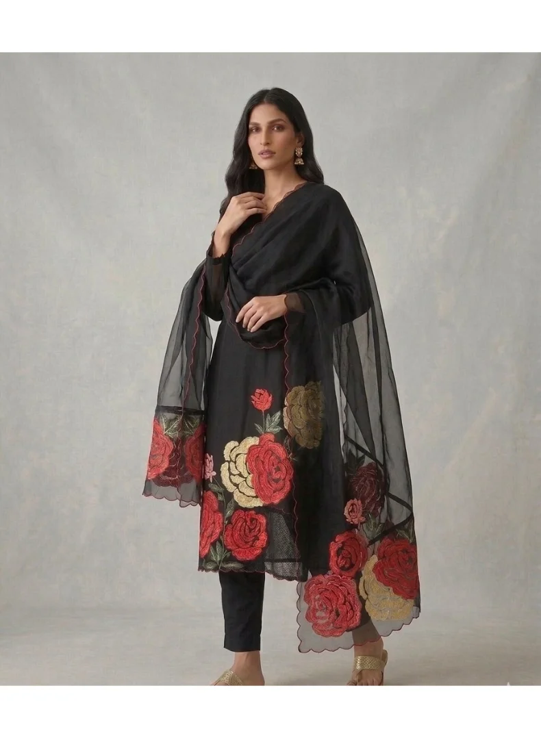 PRIYA’S PANACHE black Unstitched Black Roman Silk Salwar Suit Set for Women with Organza Dupatta | Pakistani Suit Salwar Kurta | Indian Dress for Ladies | Kurta Set Ladies Indian for Women | Best Price UAE