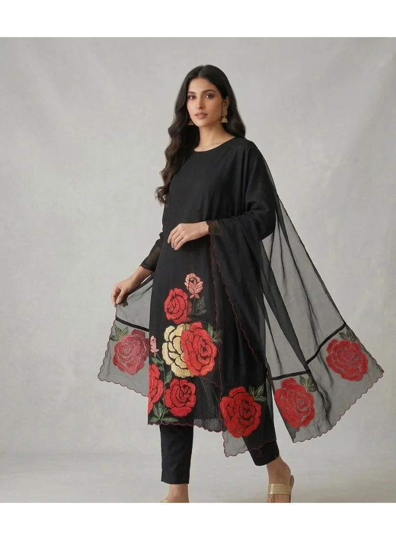 PRIYA’S PANACHE black Unstitched Black Roman Silk Salwar Suit Set for Women with Organza Dupatta | Pakistani Suit Salwar Kurta | Indian Dress for Ladies | Kurta Set Ladies Indian for Women | Best Price UAE