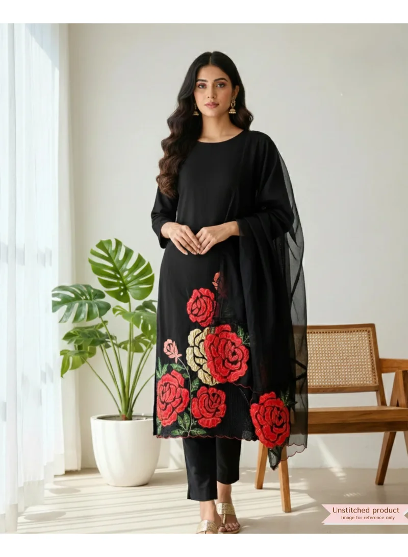 PRIYA’S PANACHE black Unstitched Black Roman Silk Salwar Suit Set for Women with Organza Dupatta | Pakistani Suit Salwar Kurta | Indian Dress for Ladies | Kurta Set Ladies Indian for Women | Best Price UAE