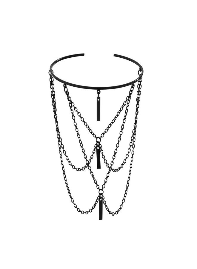 Rannyrena Gothic Black Bar Crystal Chain Tassel Upper Arm Cuff Punk Long Pendant Armlet Bangle Bracelet Layered Open Cuff Armband for Women (Black bar) - Image 4
