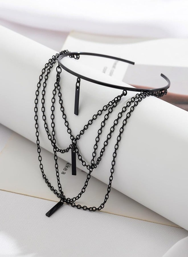 Rannyrena Gothic Black Bar Crystal Chain Tassel Upper Arm Cuff Punk Long Pendant Armlet Bangle Bracelet Layered Open Cuff Armband for Women (Black bar) - Image 5