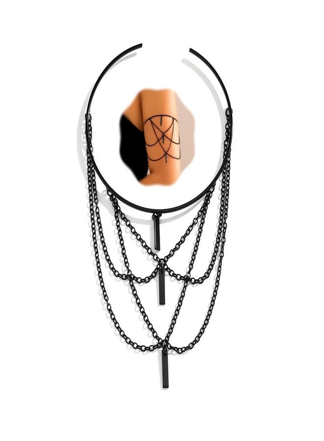 Rannyrena Gothic Black Bar Crystal Chain Tassel Upper Arm Cuff Punk Long Pendant Armlet Bangle Bracelet Layered Open Cuff Armband for Women (Black bar) - Image 1