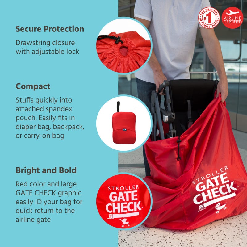 J.L. Childress Gate Check Bag for Single & Double Strollers - Travel Bag for Airplane, Fits Most Standard Baby Strollers, Airport Accessories for Gate Check, Flying Essentials - Red - Image 2