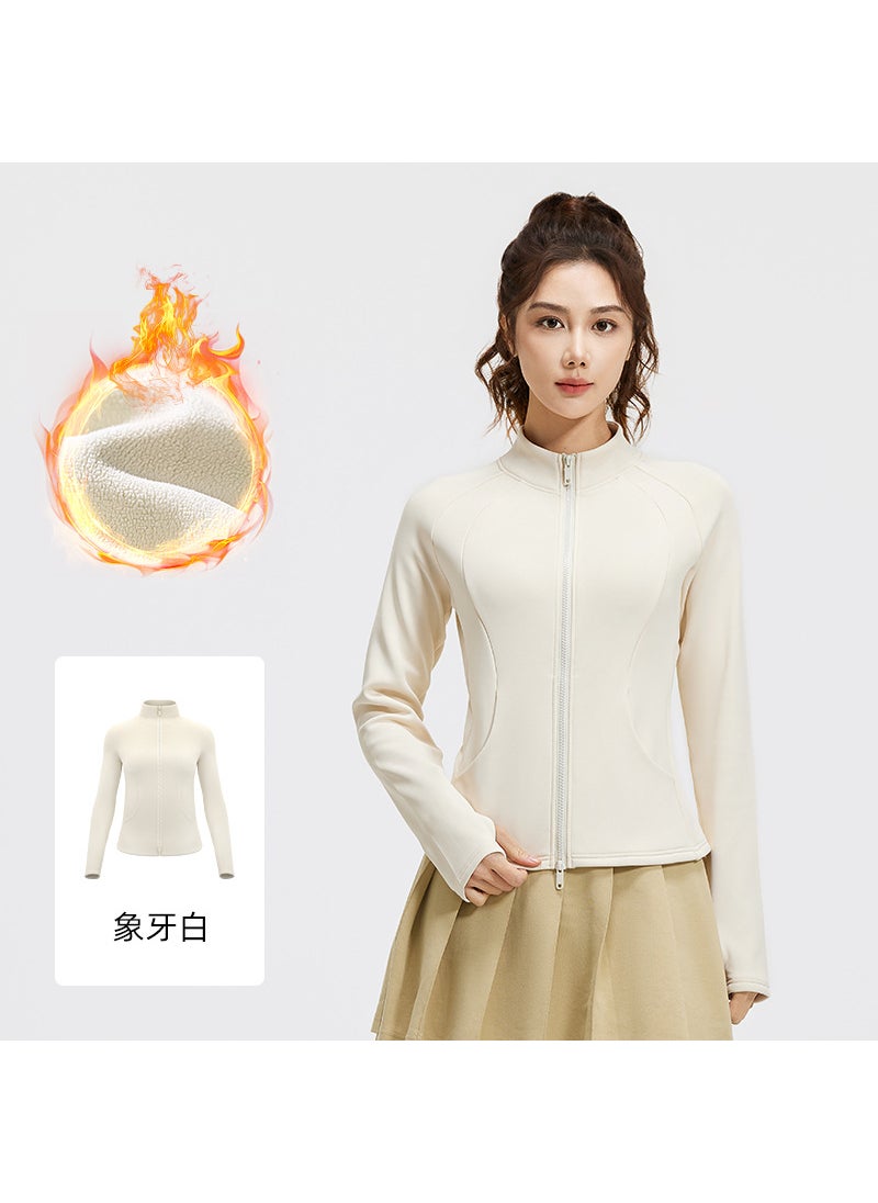 Generic - Peach Velvet Stand Collar Jacket Autumn/Winter New Fleece Lined And Thickened Warm Yoga Suit Sports Shoes And Bag Gear Ivory white - Image 1