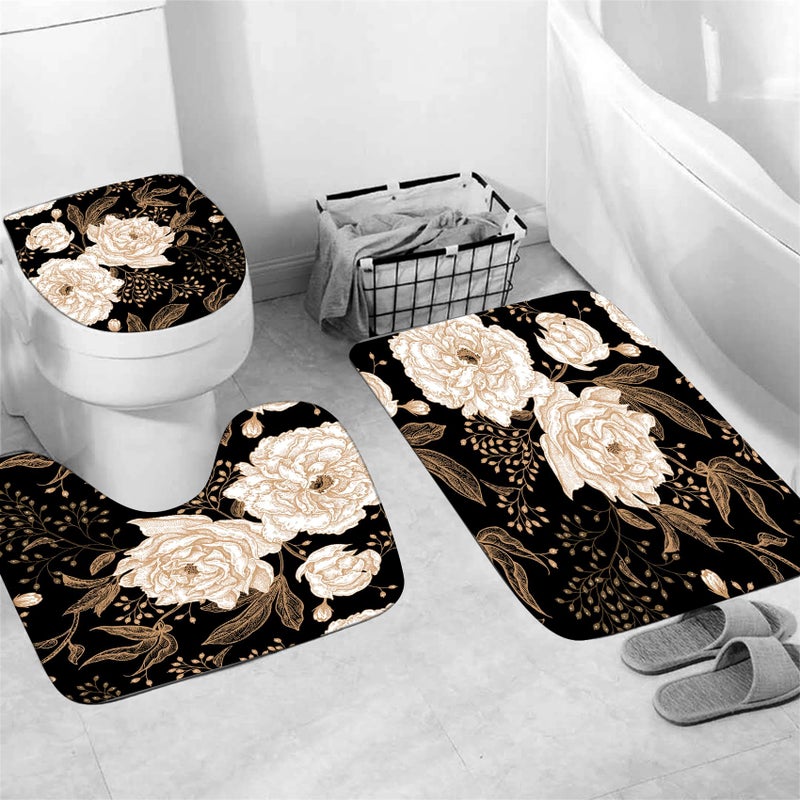 jieprom 4PCS Rose Gold Flower Leaves Bathroom Set with Shower Curtain and Rugs, Botanical Floral Shower Curtain Sets with Rugs for Bathroom Decor, Durable Black Shower Curtain for Bathroom Set - Image 3