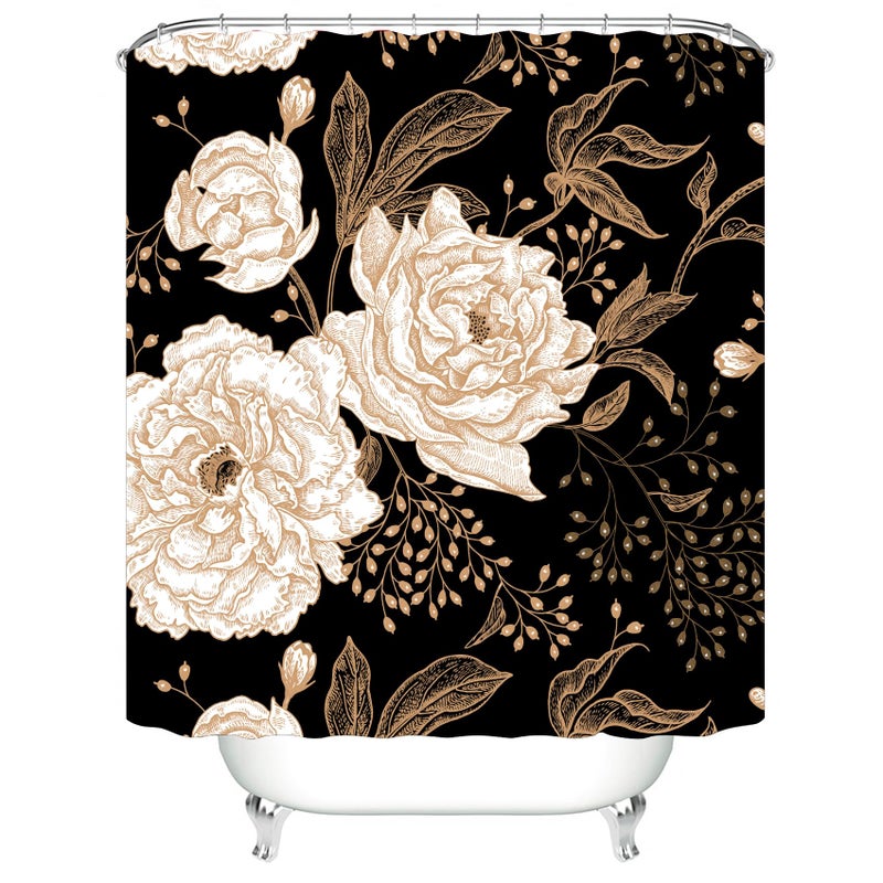 jieprom 4PCS Rose Gold Flower Leaves Bathroom Set with Shower Curtain and Rugs, Botanical Floral Shower Curtain Sets with Rugs for Bathroom Decor, Durable Black Shower Curtain for Bathroom Set - Image 2