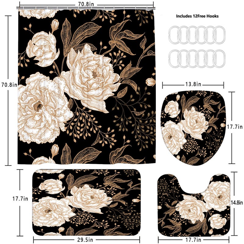 jieprom 4PCS Rose Gold Flower Leaves Bathroom Set with Shower Curtain and Rugs, Botanical Floral Shower Curtain Sets with Rugs for Bathroom Decor, Durable Black Shower Curtain for Bathroom Set - Image 5
