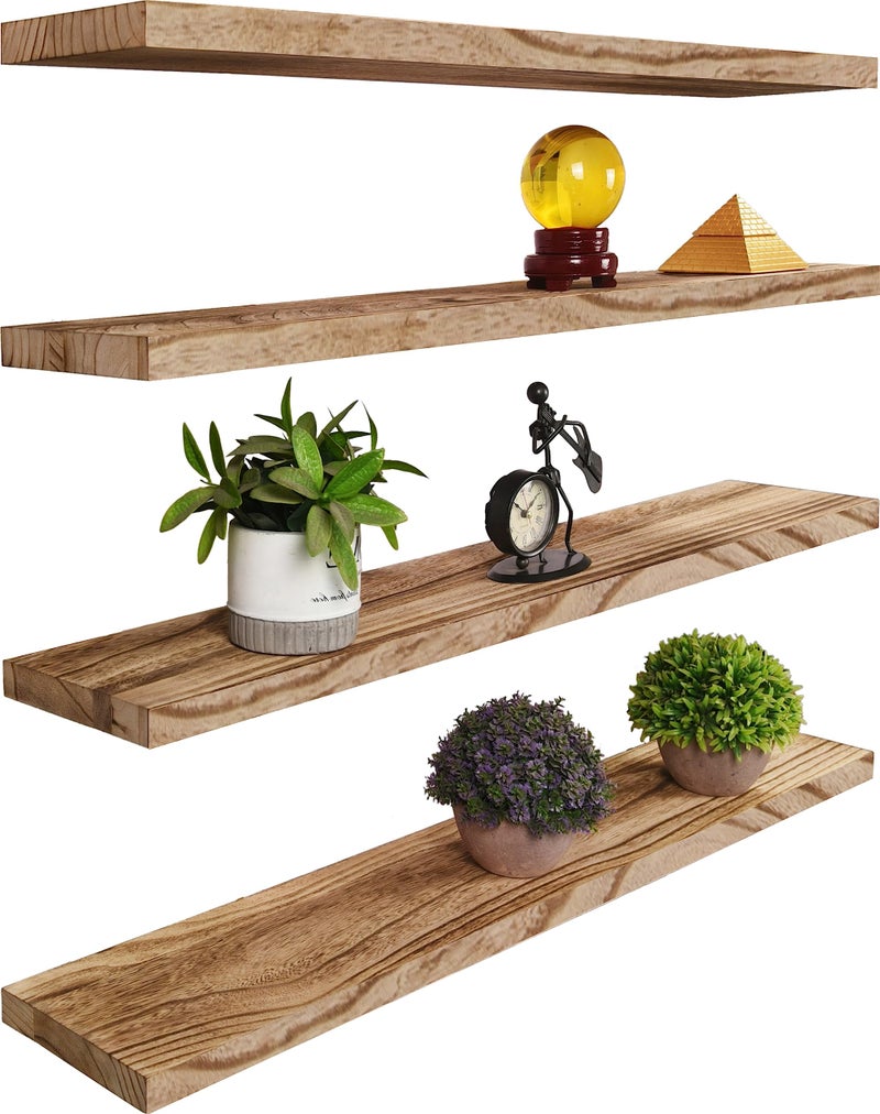 YYWUOJJ Wood Floating Shelves Rustic Wall Shelves for Bedroom Set of 4 Light Brown - Image 1