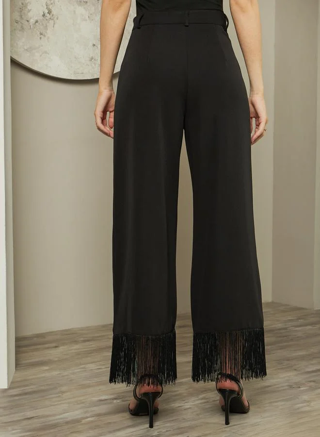 Styli Styli Solid Fringe Detail Wide Leg Knit Pants