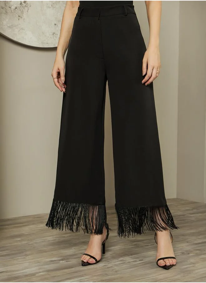 Styli Styli Solid Fringe Detail Wide Leg Knit Pants