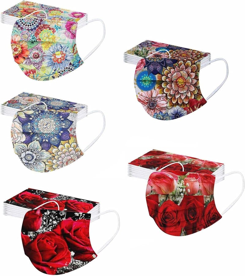 woobles Disposable Face Masks with Design for Women,2021 Disposable Face Masks 50 Pack 3-Ply Colorful Floral Breathable Face Mask - Image 1