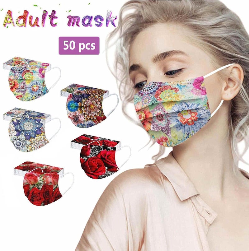 woobles Disposable Face Masks with Design for Women,2021 Disposable Face Masks 50 Pack 3-Ply Colorful Floral Breathable Face Mask - Image 2