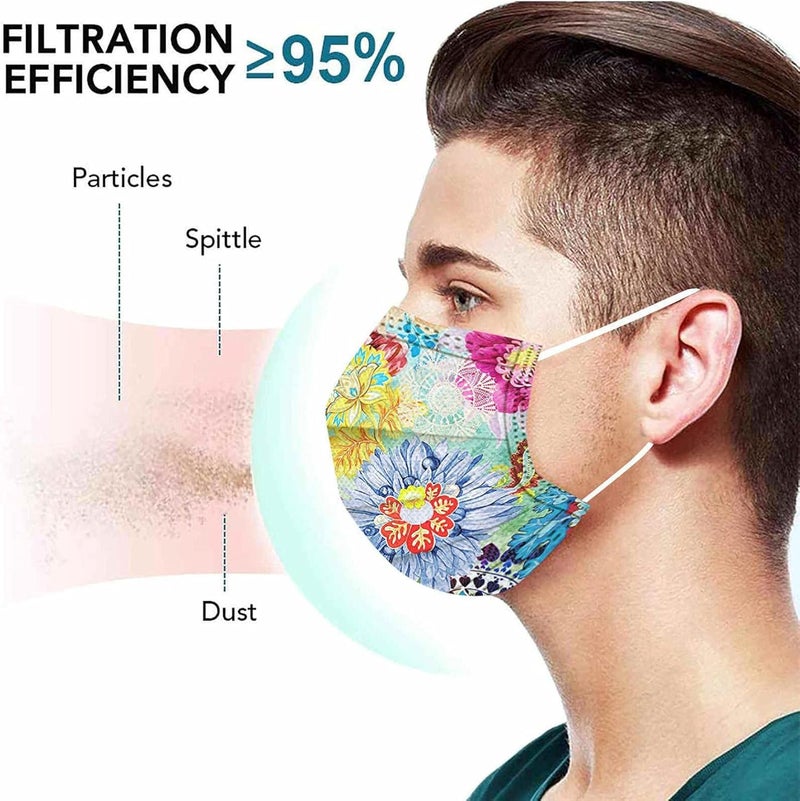 woobles Disposable Face Masks with Design for Women,2021 Disposable Face Masks 50 Pack 3-Ply Colorful Floral Breathable Face Mask - Image 5