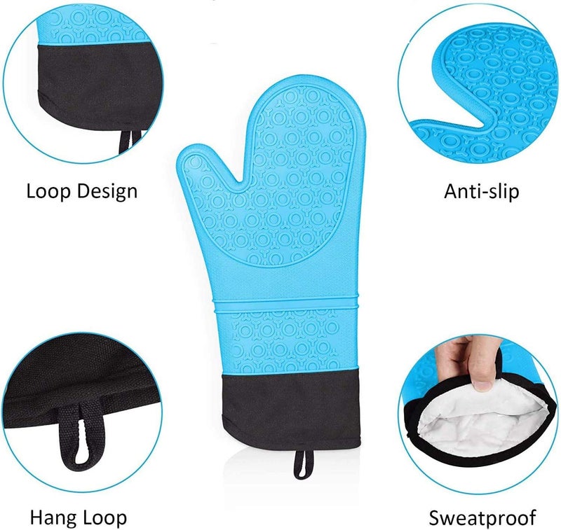 THW® Professional Large Silicone Oven Gloves Heat Proof,Kitchen Oven Mittens for Baking Heat Resistant Oven Mitts Cotton Quilted Silicone Gloves for Oven, Microwave - Image 4