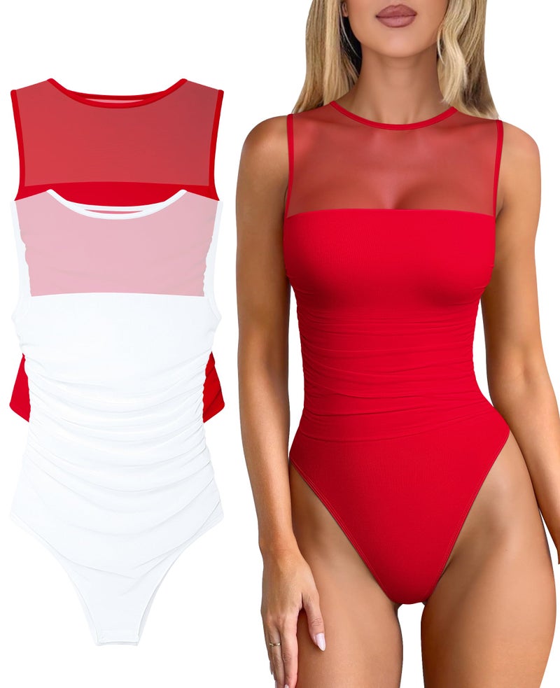 OQQ Women 2 Piece Bodysuit Mesh Ruched Sleeveless Turtle Neck Shapewear Body Suits One Piece Leotard Shirt Going Out Tops Red White - Image 1