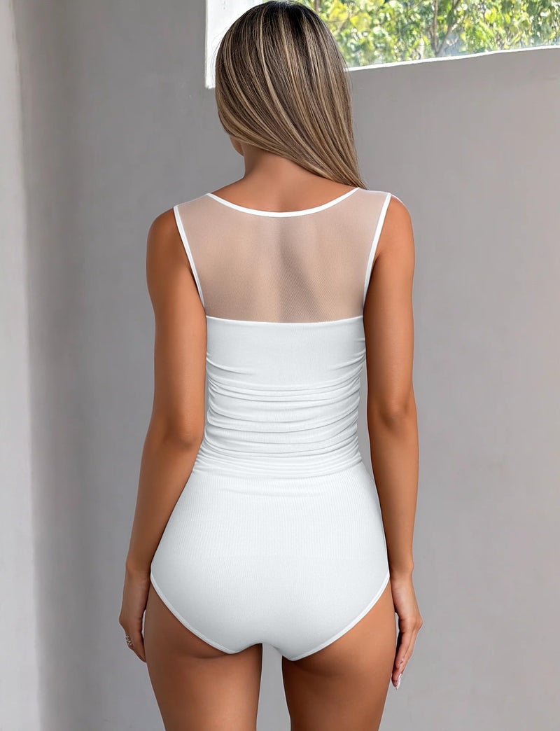 OQQ Women 2 Piece Bodysuit Mesh Ruched Sleeveless Turtle Neck Shapewear Body Suits One Piece Leotard Shirt Going Out Tops Red White - Image 4