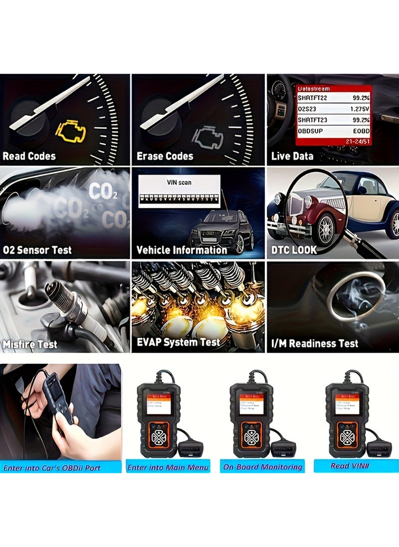 Car OBD2 Code Scanner Diagnostic Scanner Code Reader Erase Engine Fault Code Read Code Erase Code Battery Test Engine Light Can Diagnose Scan Tool For All OBD II Protocol Cars Since 1996