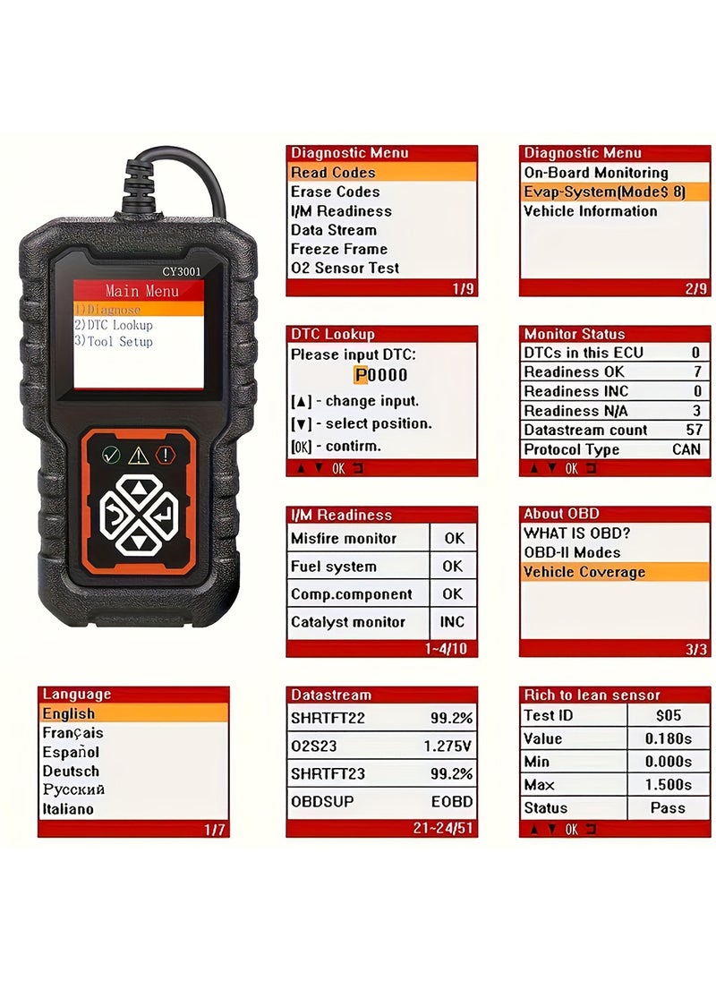 Car OBD2 Code Scanner Diagnostic Scanner Code Reader Erase Engine Fault Code Read Code Erase Code Battery Test Engine Light Can Diagnose Scan Tool For All OBD II Protocol Cars Since 1996