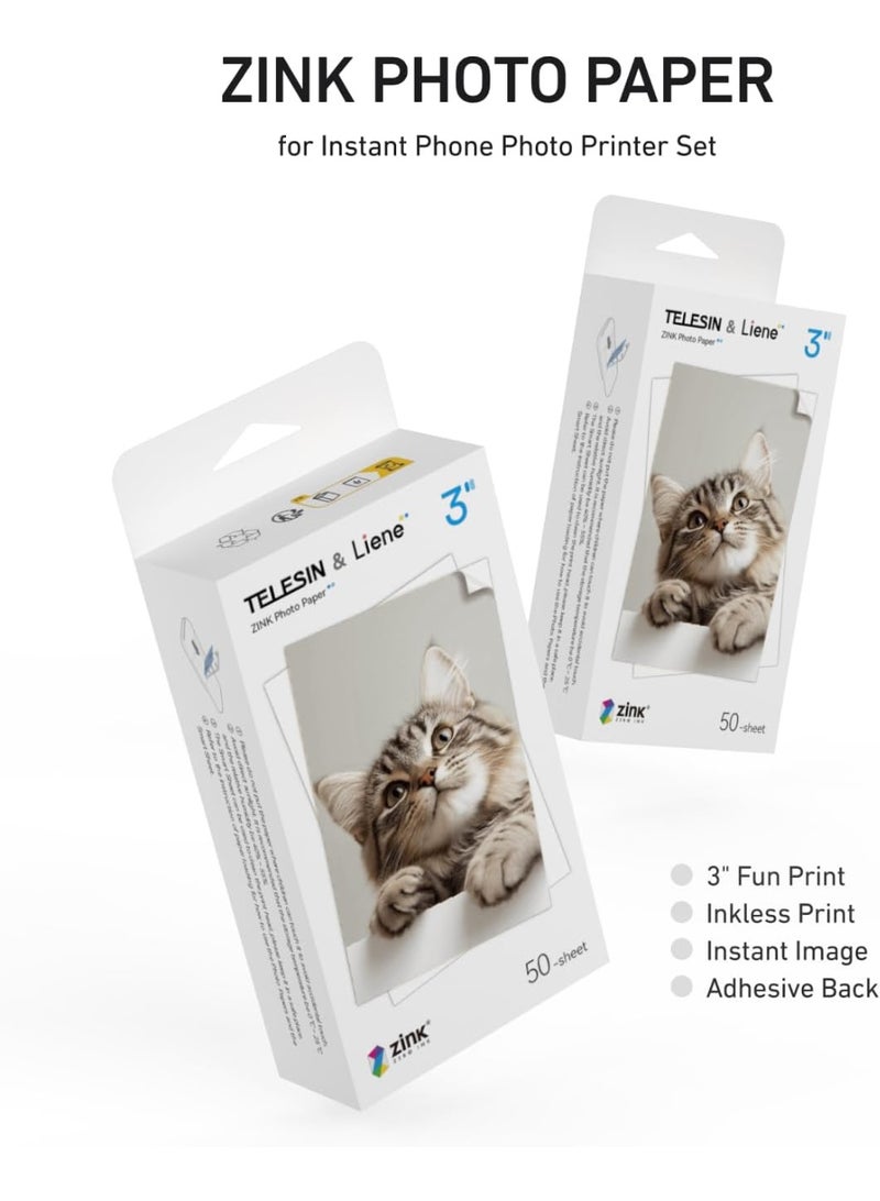 تيليسن ورق تصوير لين × تيليسِن زينك 2×3 بوصة، 50 ورقة لاصقة مقاومة للماء والتلطخ والتمزق، ورق صور فوري للطابعة، دفاتر الذكريات، الأعمال اليدوية - Image 2