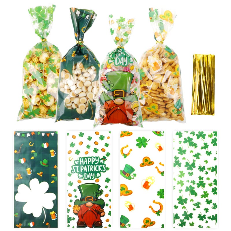 ChicQuench St. Patrick'S Day Cellophane Treat Bags  100Pcs St. Patrick'S Day Cellophane Bags  Green Lucky Shamrock Candy Bags Goodie Bags Gift Bags With 100Pcs Twist Ties For St. Patrick Day Irish Party Supplies - Image 1