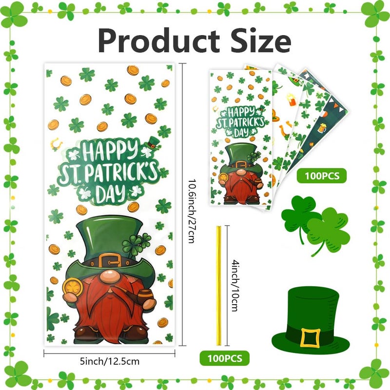 ChicQuench St. Patrick'S Day Cellophane Treat Bags  100Pcs St. Patrick'S Day Cellophane Bags  Green Lucky Shamrock Candy Bags Goodie Bags Gift Bags With 100Pcs Twist Ties For St. Patrick Day Irish Party Supplies - Image 2
