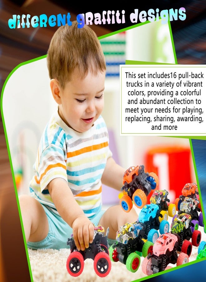 Hoarost 16 Pcs Mini Truck Toy Friction Powered Small Pull Back Truck Toys Push and Go Rotating Stunt Vehicles Toys for Boys and Girls Birthday Gifts Party Supplies, 16 Styles - Image 3